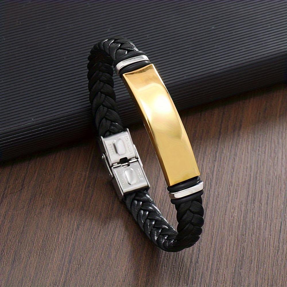 Titanium Steel Woven Leather Bracelet For Men Minimalist Polished Cuff Wristband Fashion Accessory