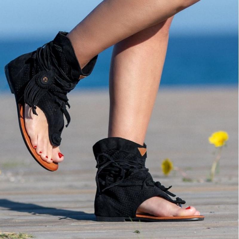 Fashion Retro Tassel Sandals For Woman Summer Boho Flat Shoes Ladies Lace Up Beach Shoes Sandalias Mujer 2024 Women's Shoes