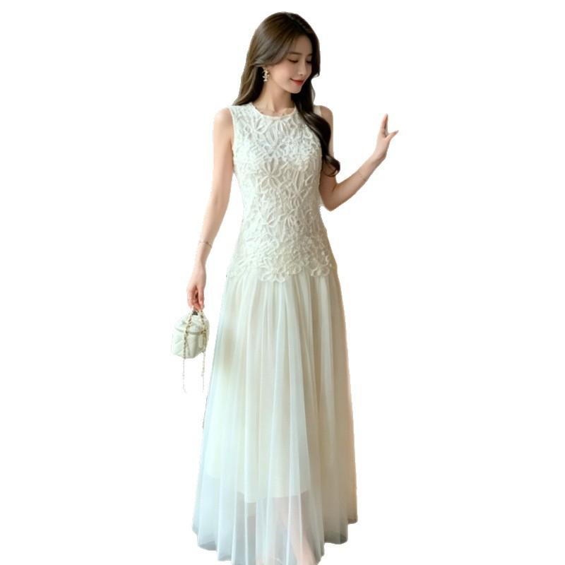 French Sweet Sleeveless Vest Dress Women's Summer Gentle Wind Lace Splicing Waist Mesh Fairy Long Skirt