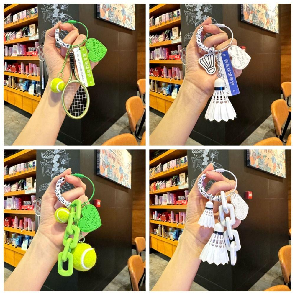 PVC Badminton Keychain Leather Heart Women Bag Charm Trendy Funny Tennis Ornament  Car Key