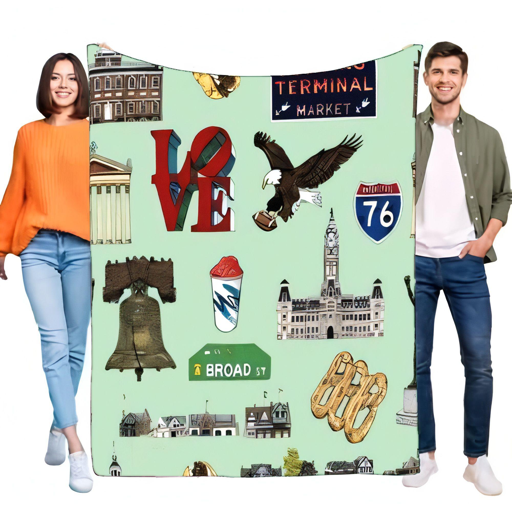 Philadelphia Souvenir Blanket | Philly Landmarks Eagles Fan Cozy Soft Flannel Throw for Bed Sofa Travel | Unique City Gift 75cmx90cm