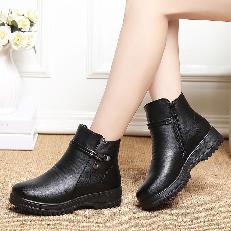 Fashion GKTINOO Solid Black Women Snow Boots Classic Plush Winter Shoes Female Ankle Boots Plus Size 35-43 Ladies Leather Booties