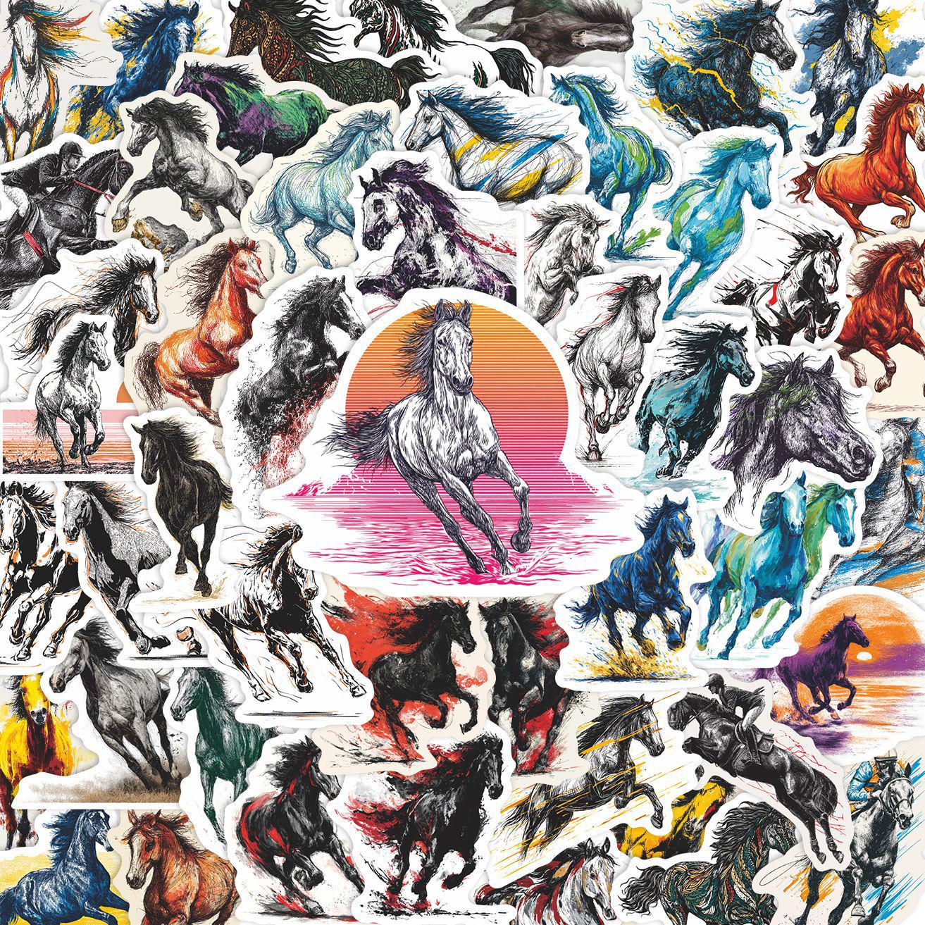 

56-Piece Horse Watercolor Stickers for Phone, Cup, Journal & Kids Crafts - Waterproof & Cute