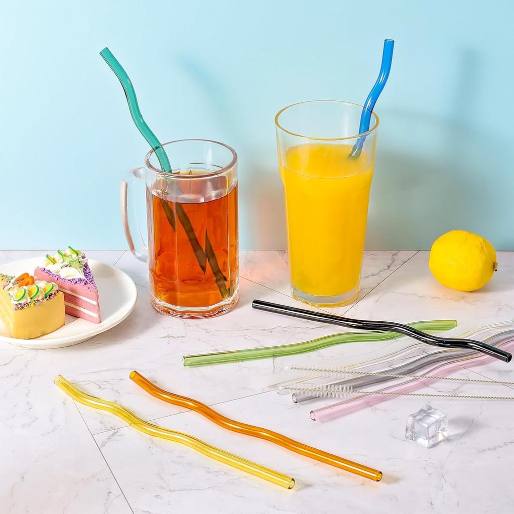 10 Pcs Reble Wavy Colorful Glass Straws,9''x8 Mm Shatter Resistant Cute Drinking Straws with 2 Cleaner Brush for Beverages,Coffee,Juice,Cocktail,Teas
