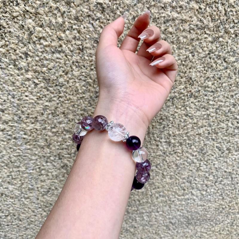Handgemaakte Natuurlijke Amethist Armband 18 Kralen 10mm Geometrische Stijl Boho Dames Sieraden Met Witte Kristal Accenten