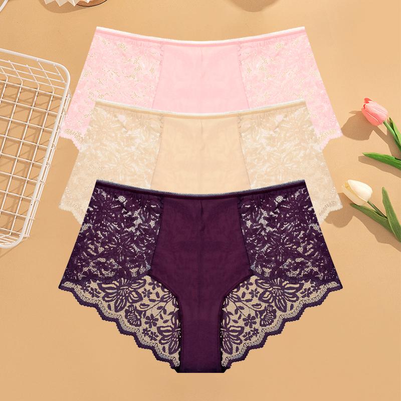 3Pcs Women's Lace Panties Sexy Hollow Out Boyshort Underwear Transparent Floral Underpants Girls Tempting Lingerie S-XXL