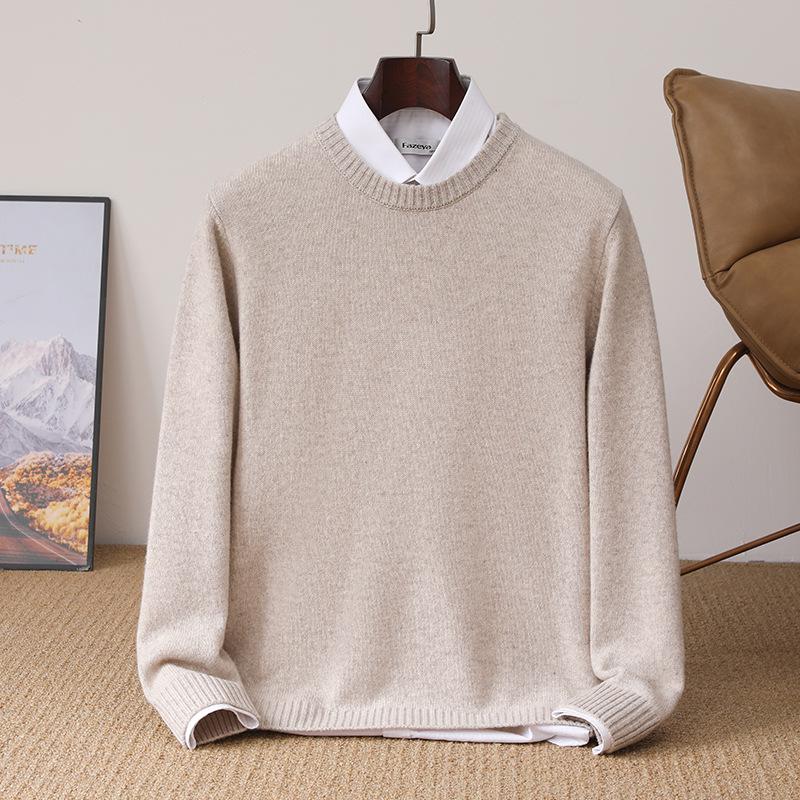 Men's Pure Wool Thickened Winter Pullover - Color Block Round Neck Cashmere Sweater