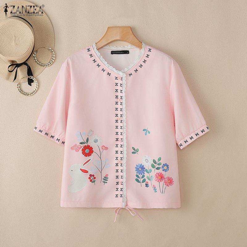 ZANZEA Women Casual Round Neck Loose Short Sleeve Floral Blouse