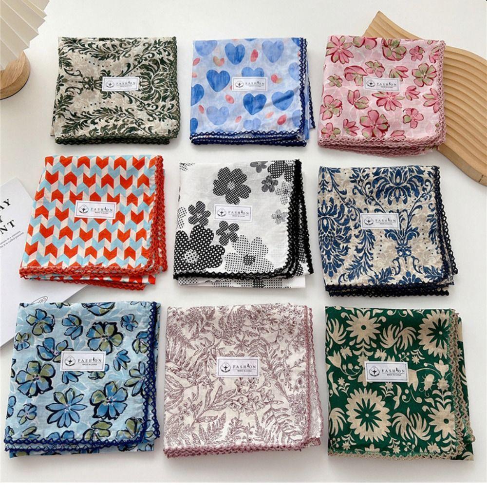 Flower Cotton Linen Print Scarves Floral Square Handkerchief Simple Small Square Scarf Female
