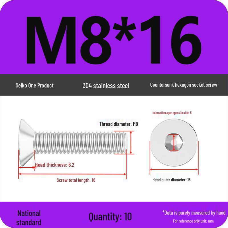 M2-M10 Stainless Steel Flat Head Machine Screws and Bolts Set, Countersunk Hex Socket Cap, 304 Grade.