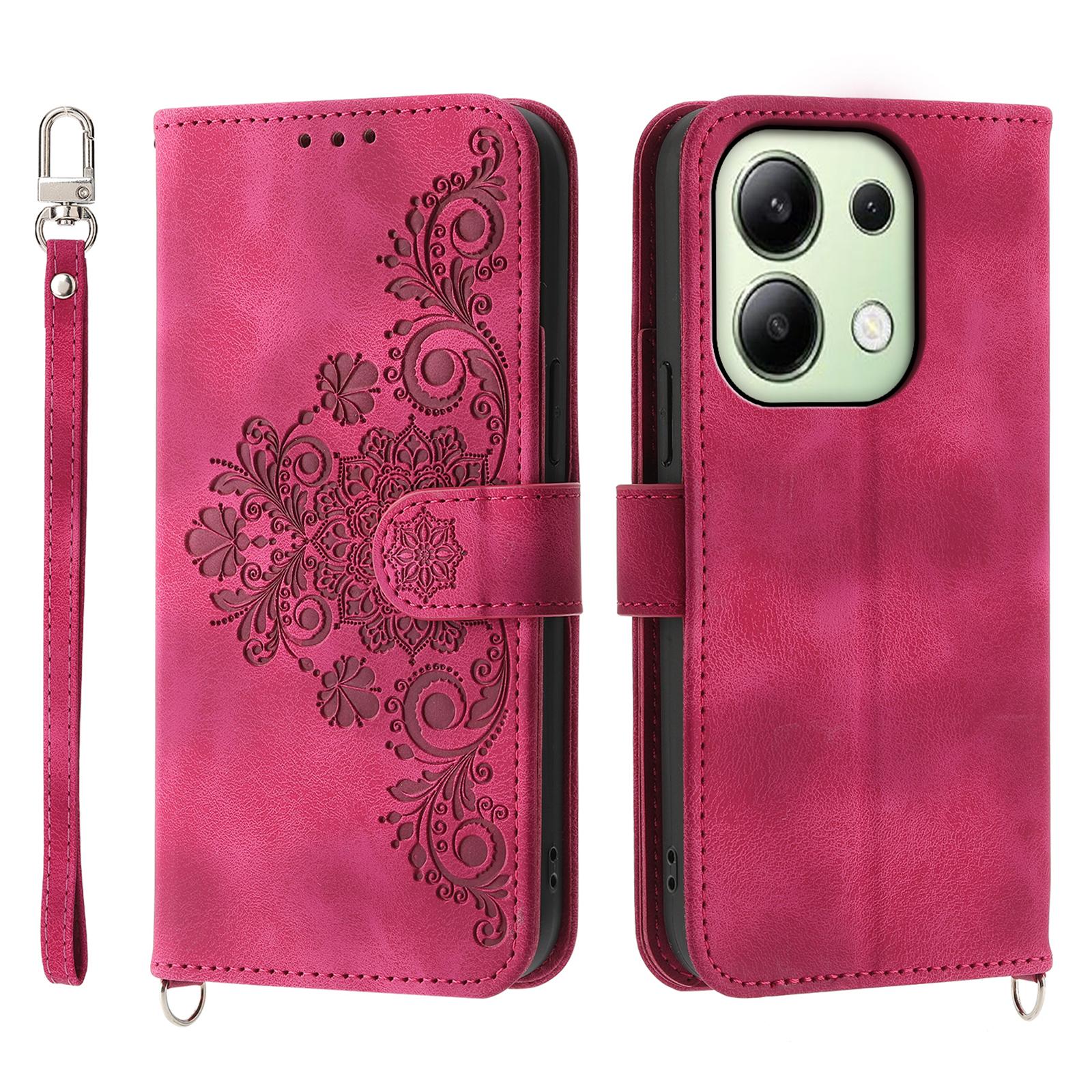 

For Xiaomi Redmi Note 13 4G Leather Case Flower Pattern Cover Multiple Card Slots Wine Red