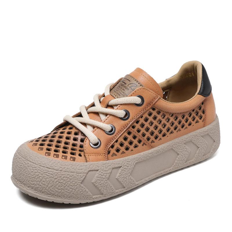 Fashion Fashion Women Flat Platform Shoes Summer Hollow Out Breathable Lace-Up Casual Sneakers Women Versatile Board Shoes Beige