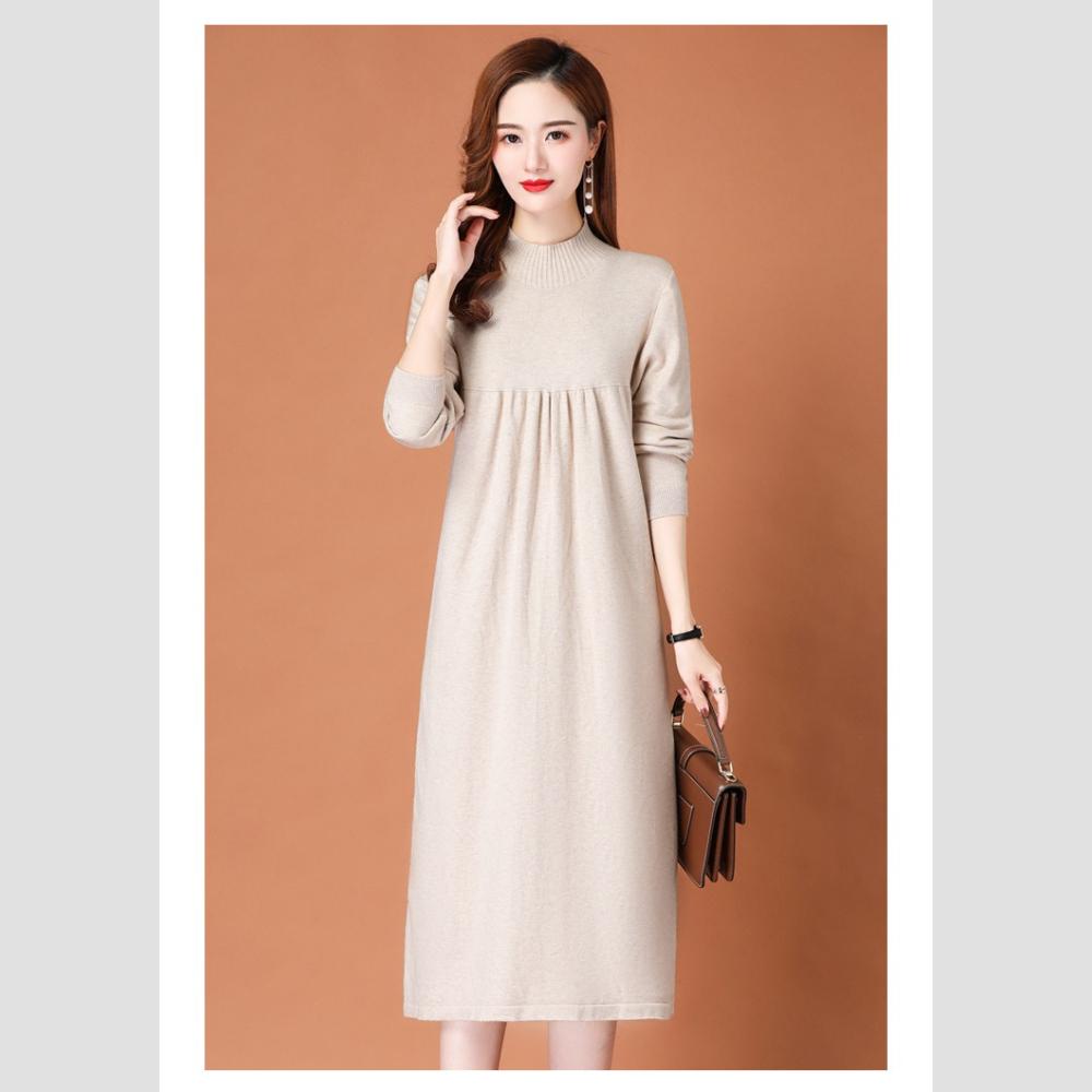 Knitted Dress for Women Loose Mid-length Sweater Long-sleeved Casual Sweater Dress for Autumn and Winter
