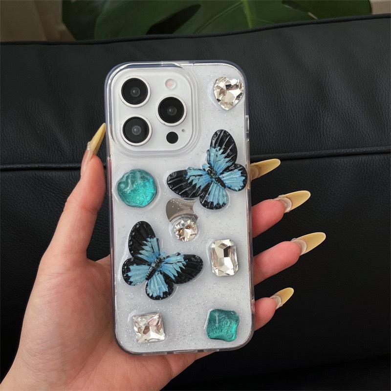 

Gem Rhinestone Fine Glitter Mobile Phone Case for Apple 17 Butterfly for IPhone 16 Promax Transparent 14 Anti-fall 15 For iPhone 17Promax