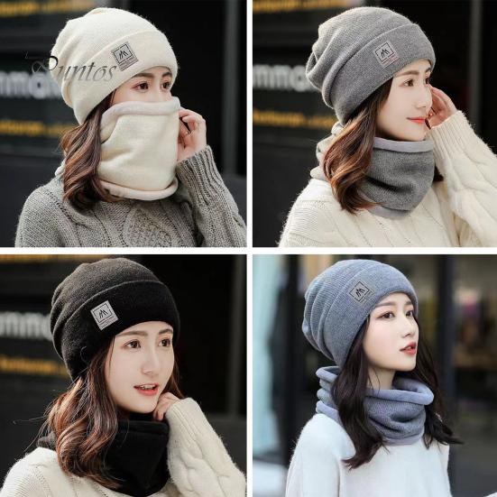 2 Pcs/Set Lady Winter Beanie Scarf Sert Knitted Elastic Ear Protection Brimless Windproof Cap Neck Wrap Set Outdoor Cycling Skiing Headwear