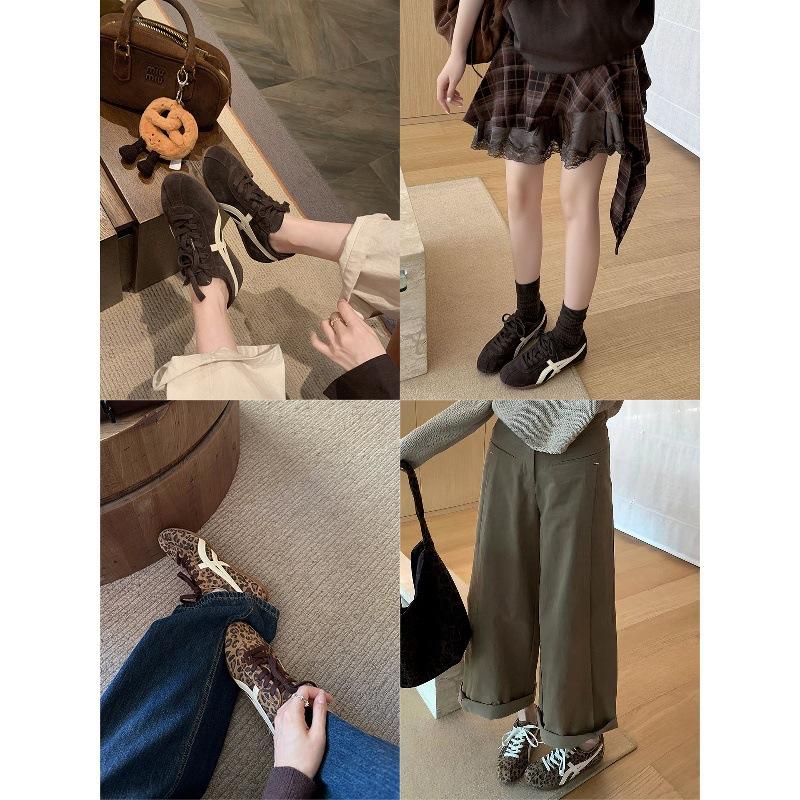 Height Increase 3/6cm~ Contrasting Color Retro Soft-soled Leather Flat-soled German Training Shoes Women's New Sports Shoes Forrest Gump Casual Sho