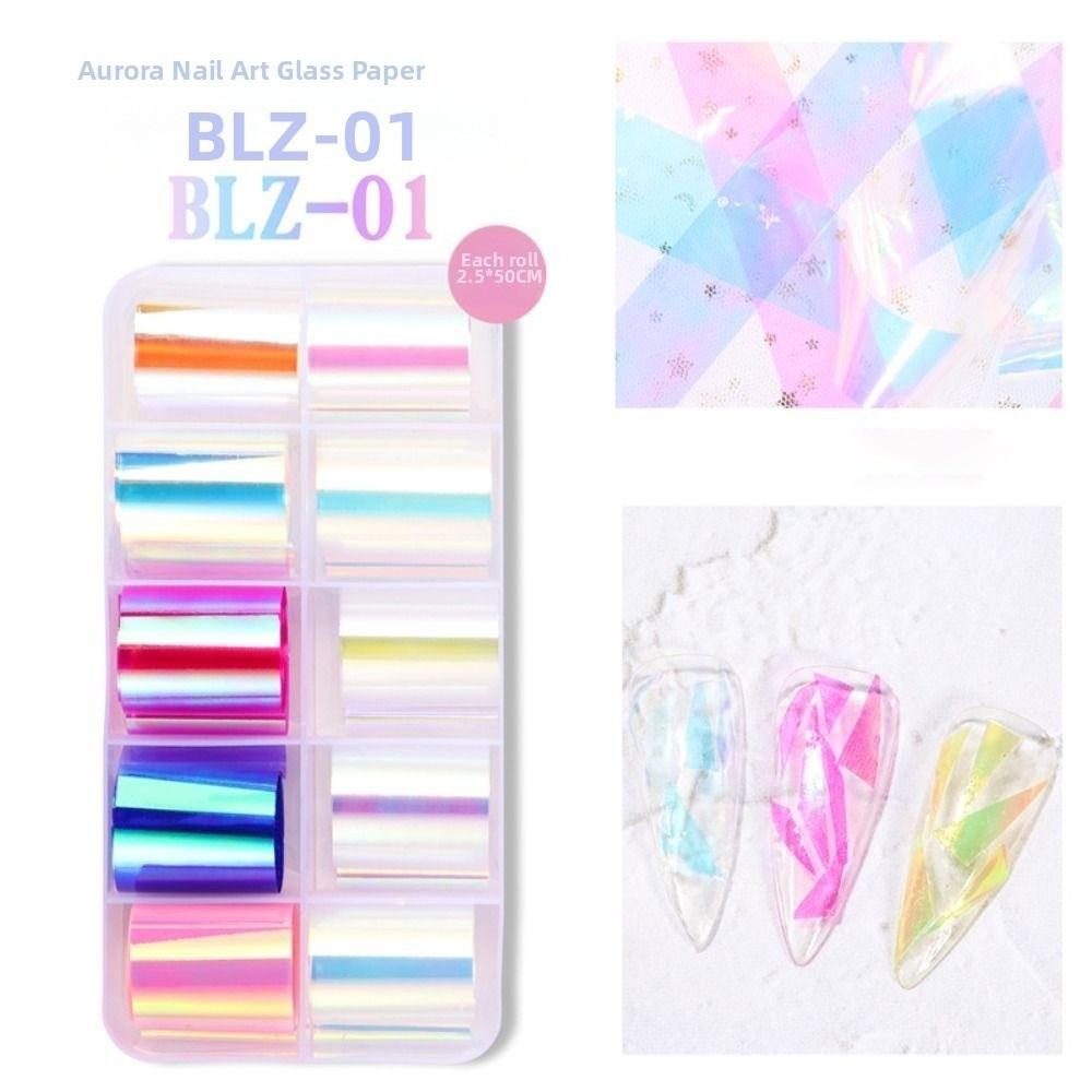 Iridescent Nail Art Stickers 10 Rolls Laser Glass Nail Foils Hot Transfer Decals DIY Manicure