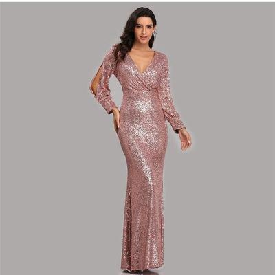 European and American Evening Dresses New Style Plus Size Long-Sleeved V-Neck Party Dresses Gown