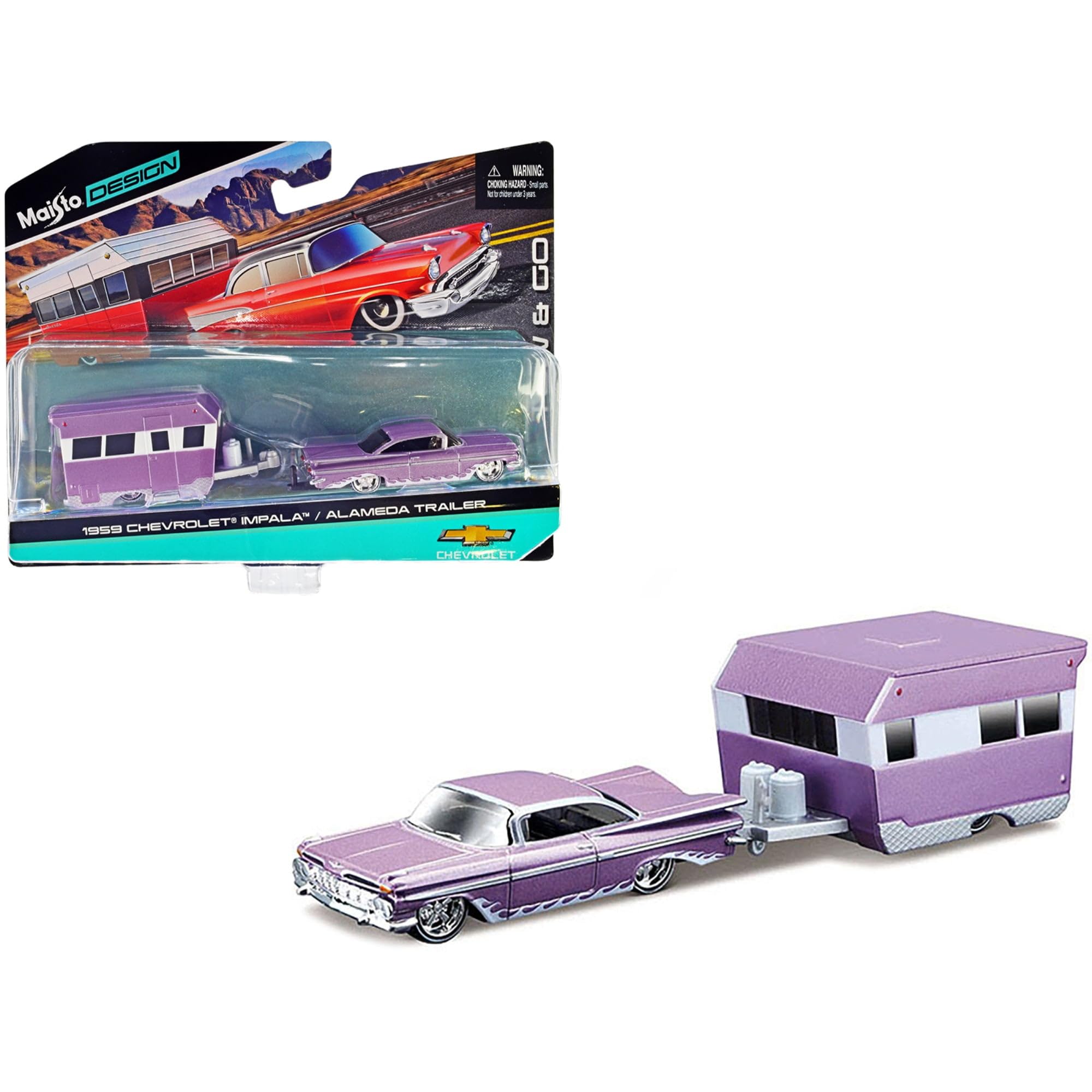 Maisto 1959 Chevrolet Impala Purple Metallic with White Graphics and Alameda Trailer Purple Metallic with White Tow Go Series Diecast Model Car  1/64