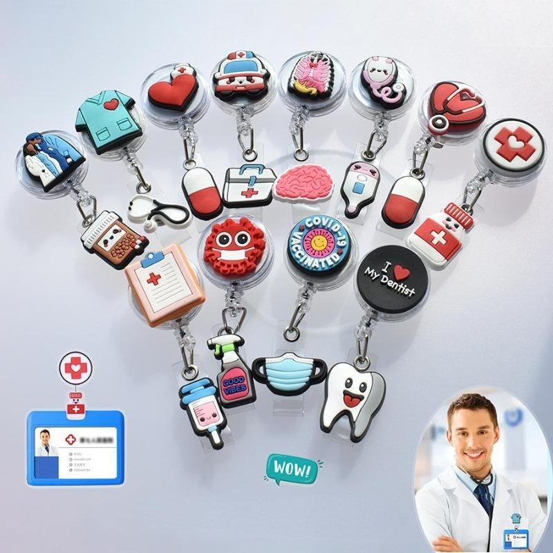 Fivela retrátil médica dos desenhos animados médico enfermeira licença de trabalho cordão criativo fácil de puxar fivela certificado marca nome