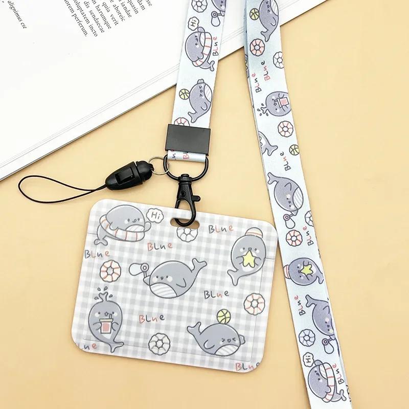 Horizontal Cute Cartoon Push Pull Card Covers Bus Card Sleeve Game Cards Case Credit Card Holder Lanyard Work Permit Holder