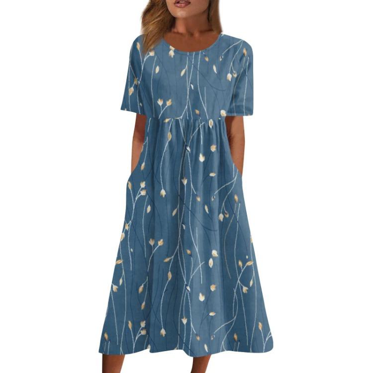 Summer Casual Printed Midi Dress Women Loose Short Sleeve Round Neck Pleated Basic Classic Daily Outdoor Dresses