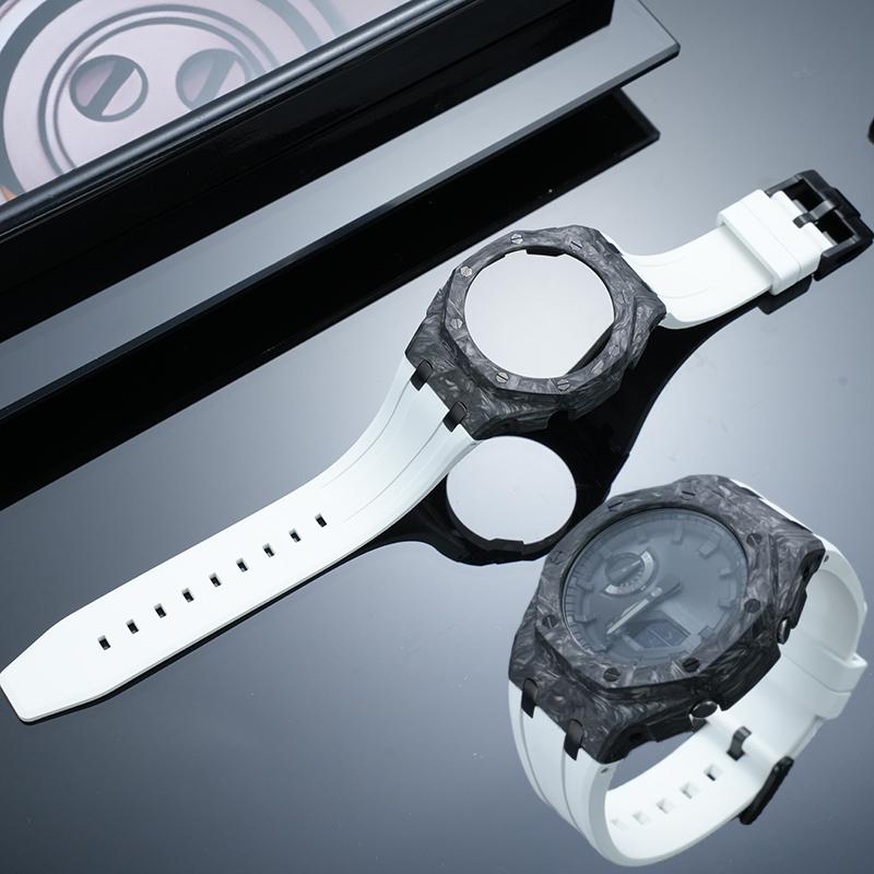 

GA2100 GA2110 modifie Lightweight Carbon Fiber Cace watch Strap Case For Casio Gshock GA-2100 GA-2110 Fkm Rubber Watchband Bezel GA-2100 2110 B2100 черный белый