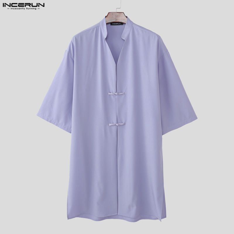 INCERUN Oversized Summer Men V Neck Half Sleeve Splits Casual Long T-shirts Tee Tops