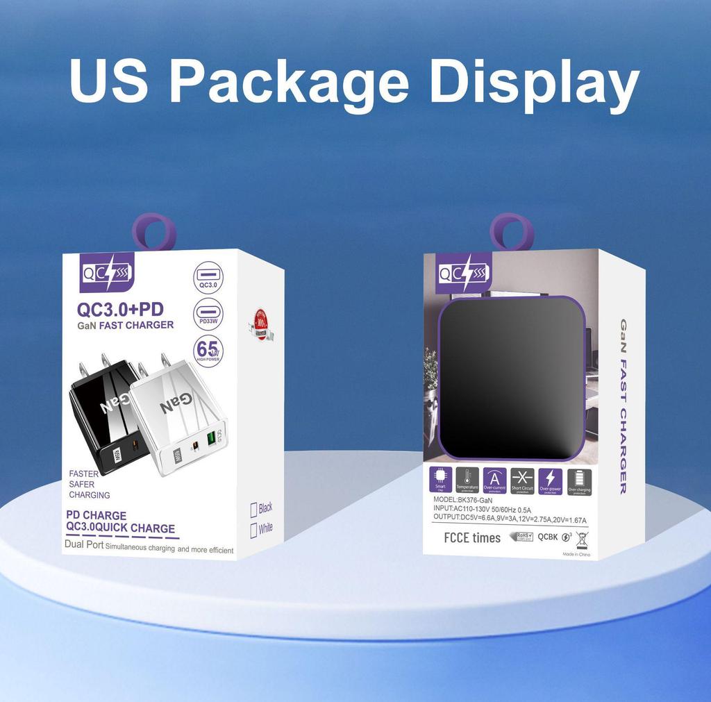 GaN 33W USB Fast Charger: QC 3.0 & PD, US/EU/UK Plug, Ideal for Mobile Phones