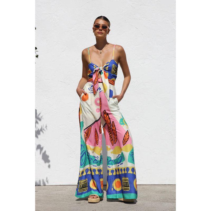 

Fashion Spring/Summer New Arrival Printed Waist-Controlled Smocking Strap Knotted Wide Leg Straight Jumpsuit Picture Color S