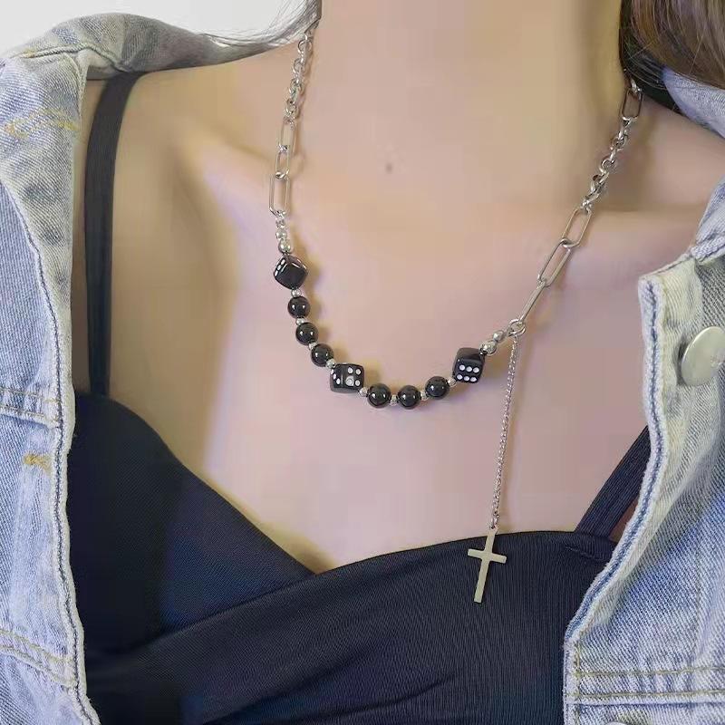 New Dice Cross Tassel Splicing Necklace Titanium Steel Hip Hop Cool Style Accessories Trendy Jewelry Pendant for Women