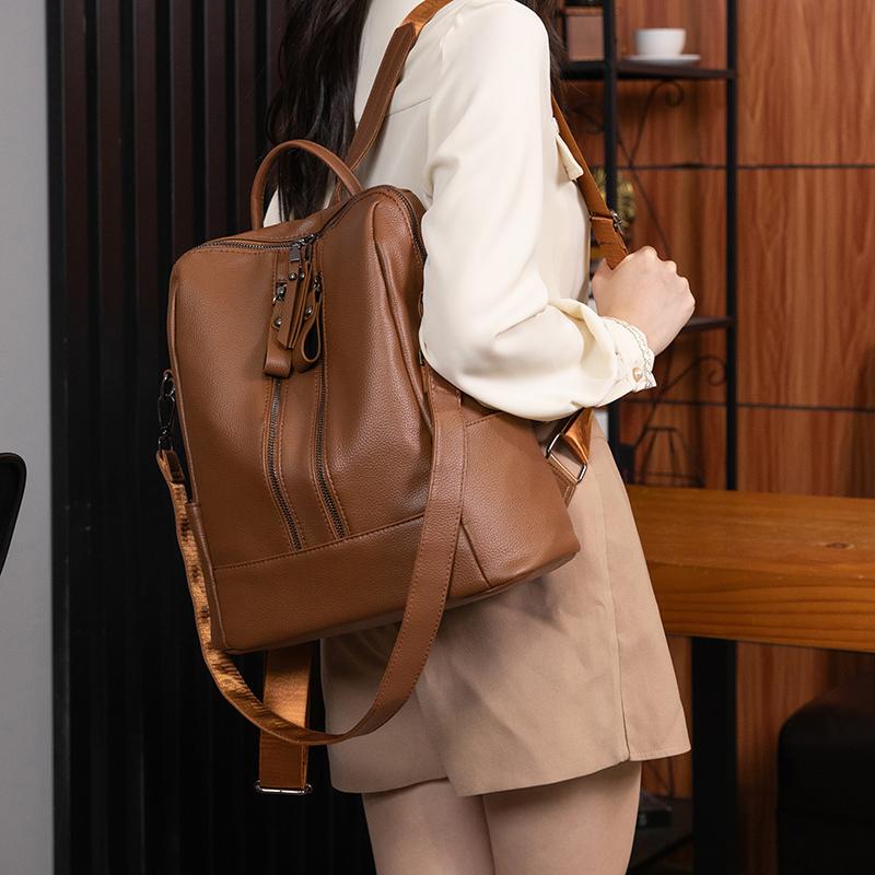 Women's PU Backpack Double Zipper Solid Color Retro Large Capacity School Bag Multifunctional Shoulder Bag