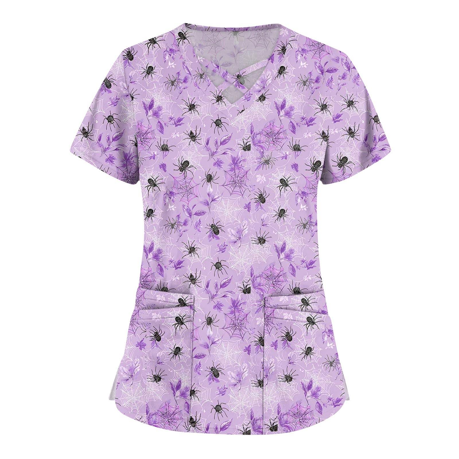 

Женская мода Комбинезоны с перекрестным V-образным вырезом и короткими рукавами Двойные карманы Топы с принтом на Хэллоуин Униформа XXXL