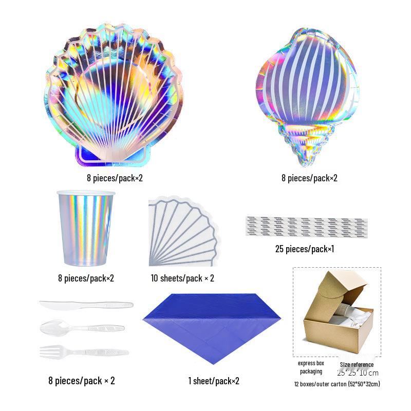 Irregular Shell Party Bus Kids' Disposable Tableware Set: Paper Plates & Cups for Celebrations