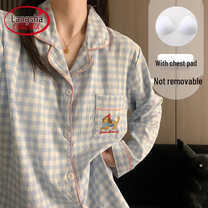 Langsha Women s Plaid Long Sleeve Cardigan Pajama Set L