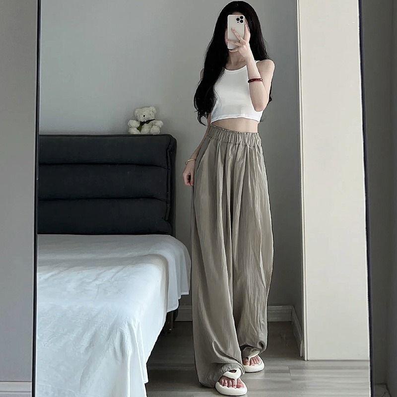 Trousers Female Summer Retro Sense Pleated Wide-legged Trousers Female Thin Drape Wide Loosened Straight Ice Silk Casual Trousers