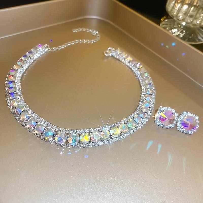 2Pcs colorful rhinestone jewelry set, Elegant necklace & earrings suit for party evening dress gift