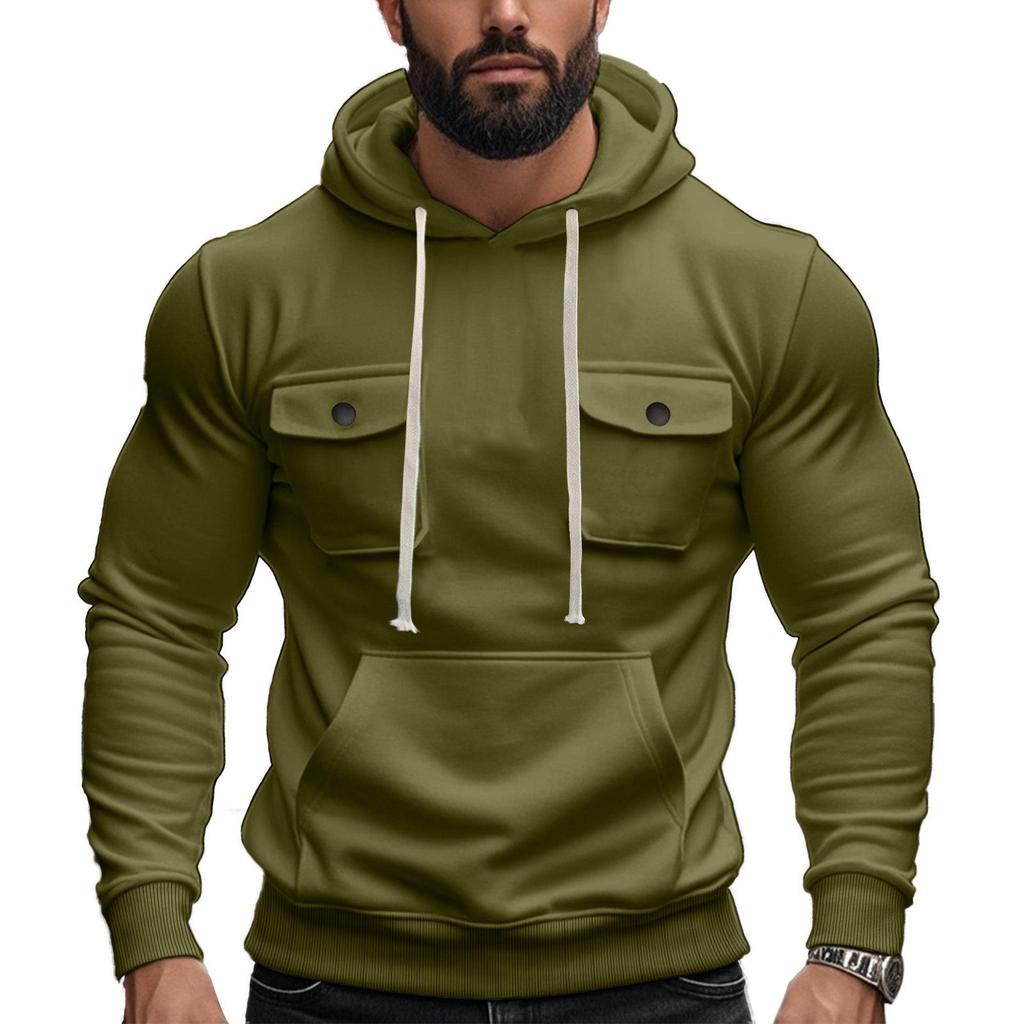 Men's American Style Heavyweight Plus Velvet Hooded Outdoor Workwear Sweatshirt - Multi-Pocket, Long Sleeve, Autumn/Winter Warmth