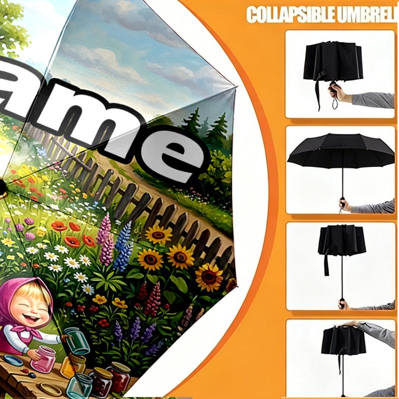Custom Name Personalized Masha and The Bear Print Umbrella, Auto Open Close, 8‑Rib Sturdy Frame, Commute Camping Hiking Use, Birthday Gift