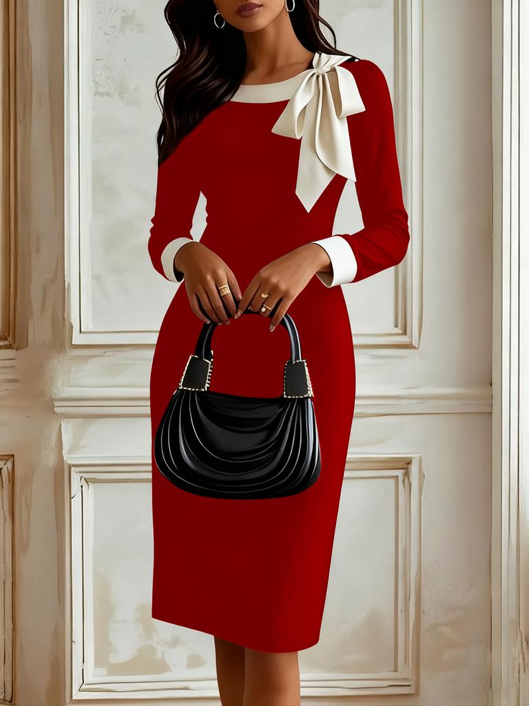 New, professional temperament Muse Fan bow hip-wrapped contrasting color workplace dress women