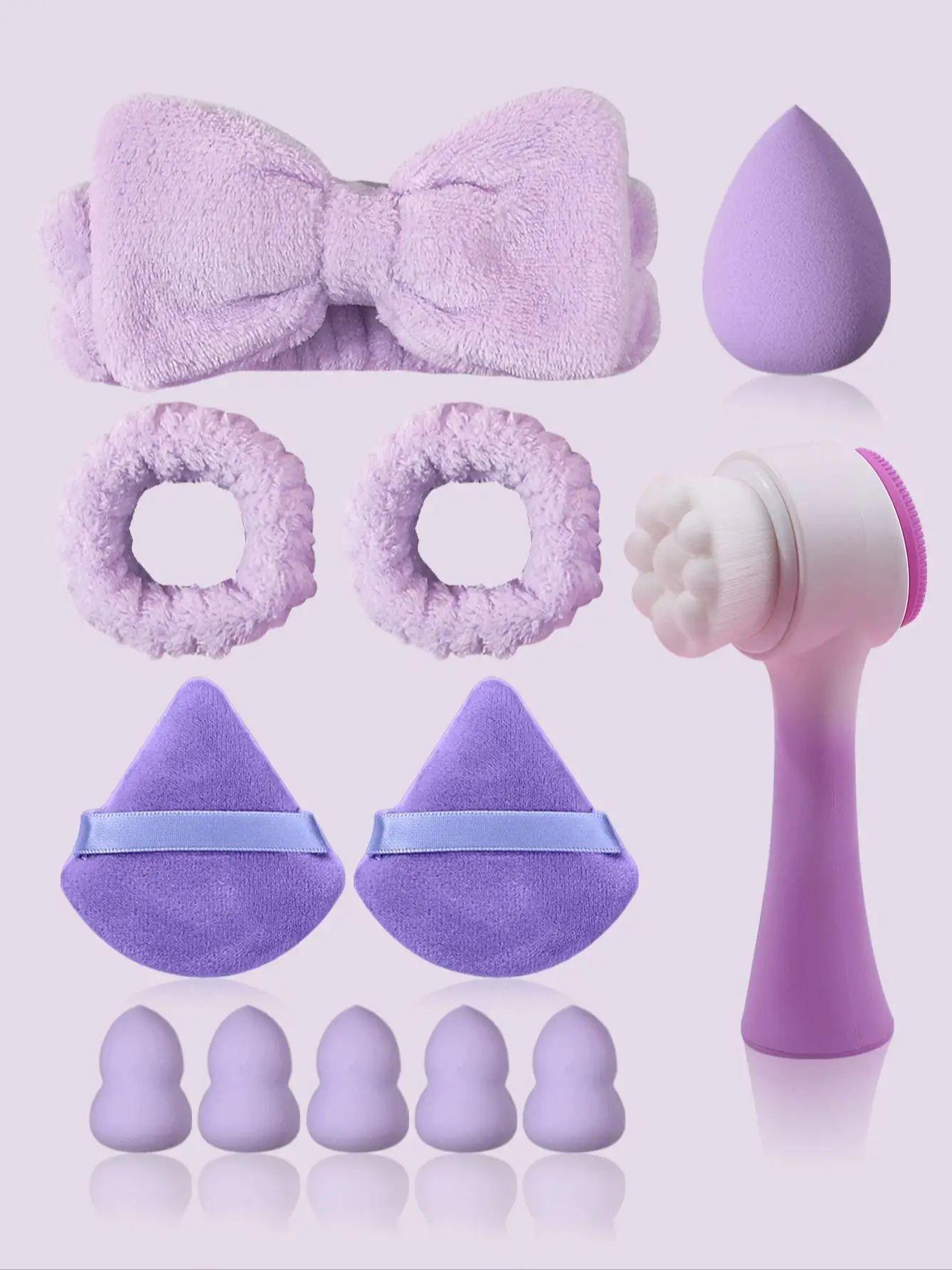 

Набор из 12 многофункциональных щеток для очищения лица | Спонж для макияжа + Спонж-капля и двойные повязки для волос фиолетовый