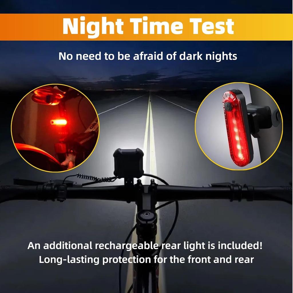 140dB Bike Horn with Front and Rear Light, 2in1 Bicycle Bell Control Switch LED Light, Rechargeable Waterproof, 8+5 Modes Headlight and Tail Light
