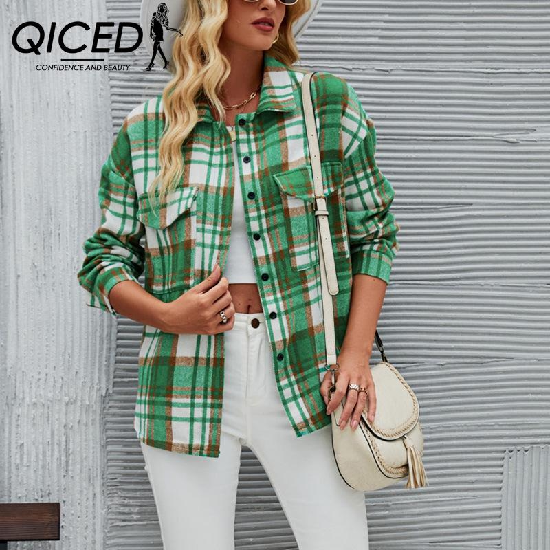 

QICED женские модные повседневные клетчатые кардиганы с принтом осень-зима с длинными рукавами и воротником-поло