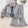 Ensemble sweat à capuche rayé et pantalon de survêtement évasé à dentelle perlée pour filles