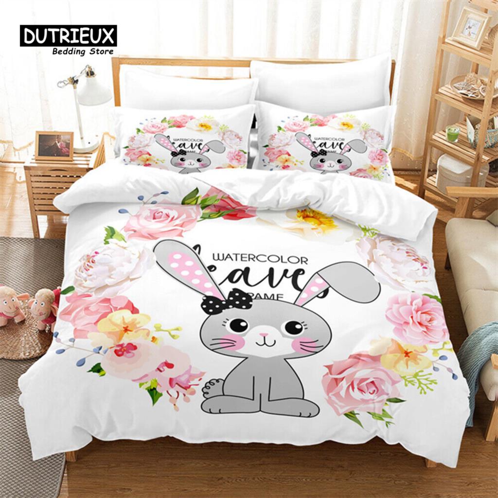 Bunnies Duvet Cover Mushroom Floral Bedding Set Cute Animal Rabbit Quilt Cover Twin Size Greetings and Presents for Easter Day