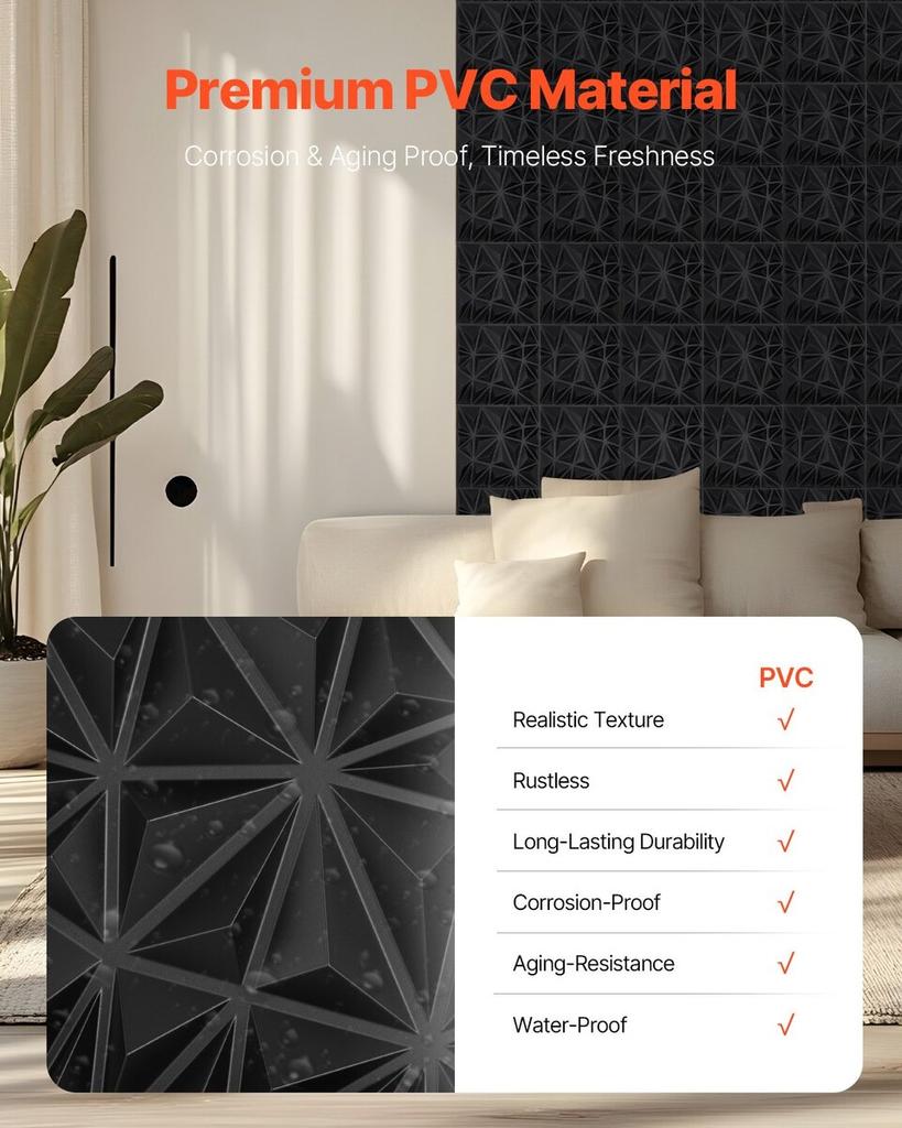 3D Wall Panels 33-Pack 11.81x11.81'' PVC 32 Sq.Ft Coverage Diamond Black