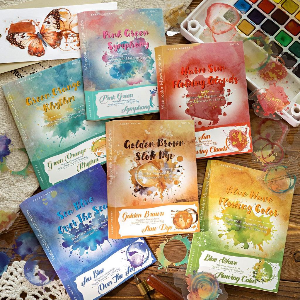 30 pcs/pack Watercolor splashes Style PET Stickers Adhesive Diy Hand Account Diary Album Scrapbooking Junk Journal Supplies