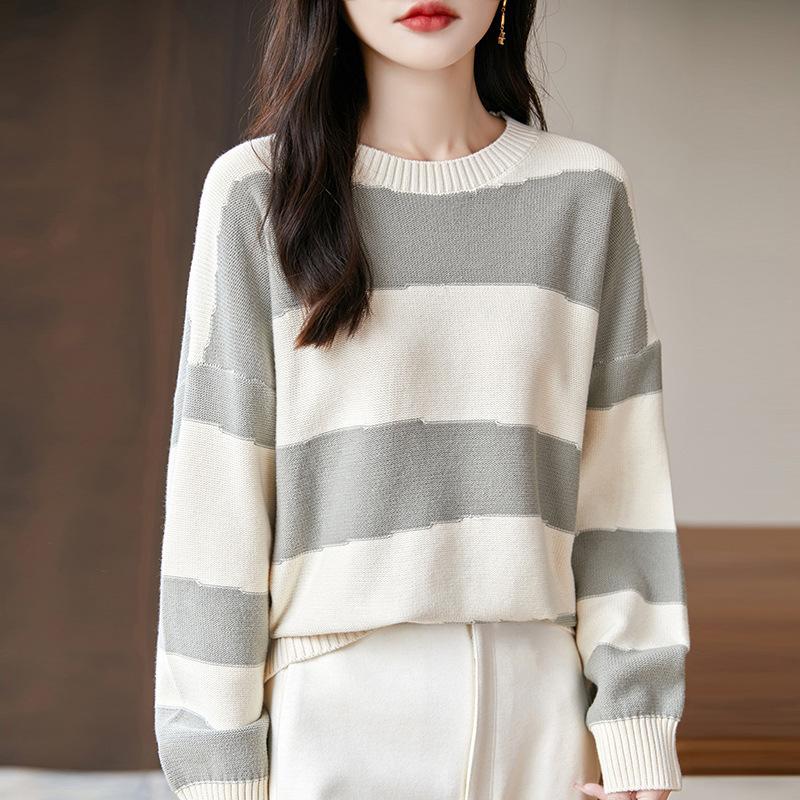 New Autumn and Winter Color-blocking Striped Sweater, Long-sleeved Color-blocking Knitted Retro Loose and Laid-back Top