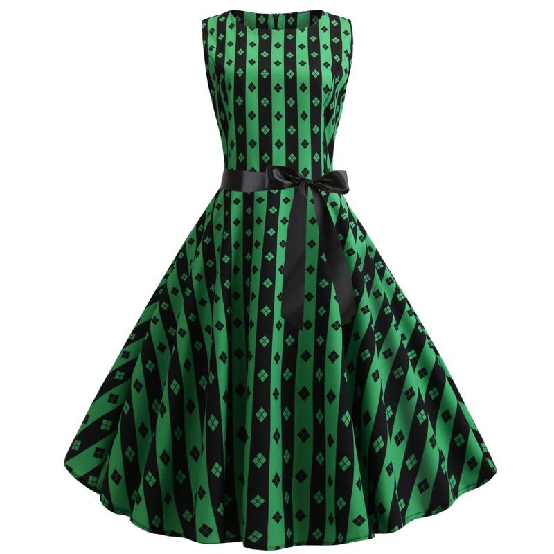 Retro supply, round neck sleeveless striped print black ribbon waist swing skirt five colors