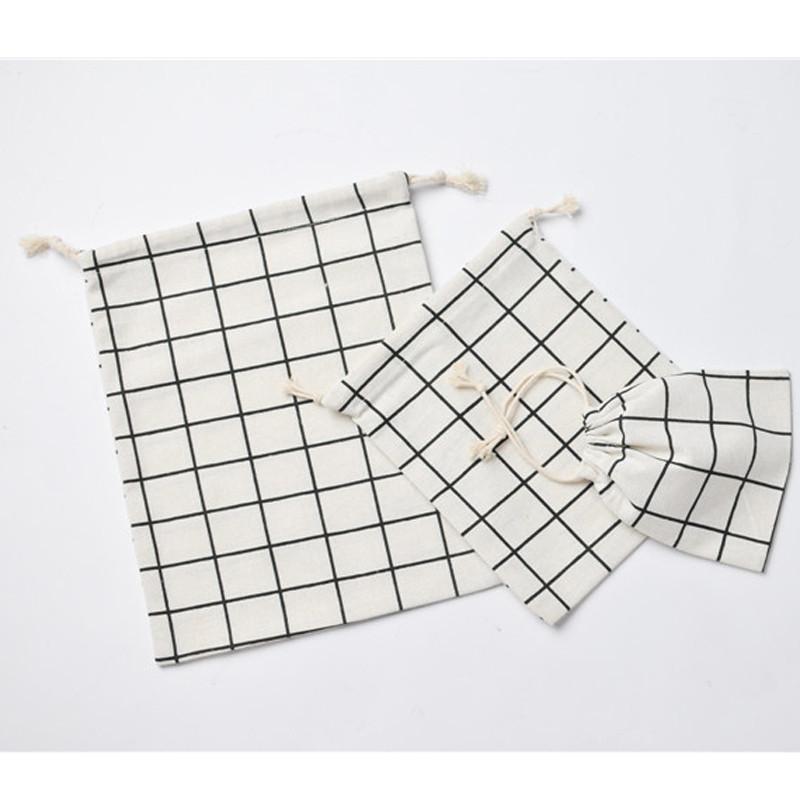 Cotton Linen Grid Storage Bag With Drawstring For Travel And Home Organization
